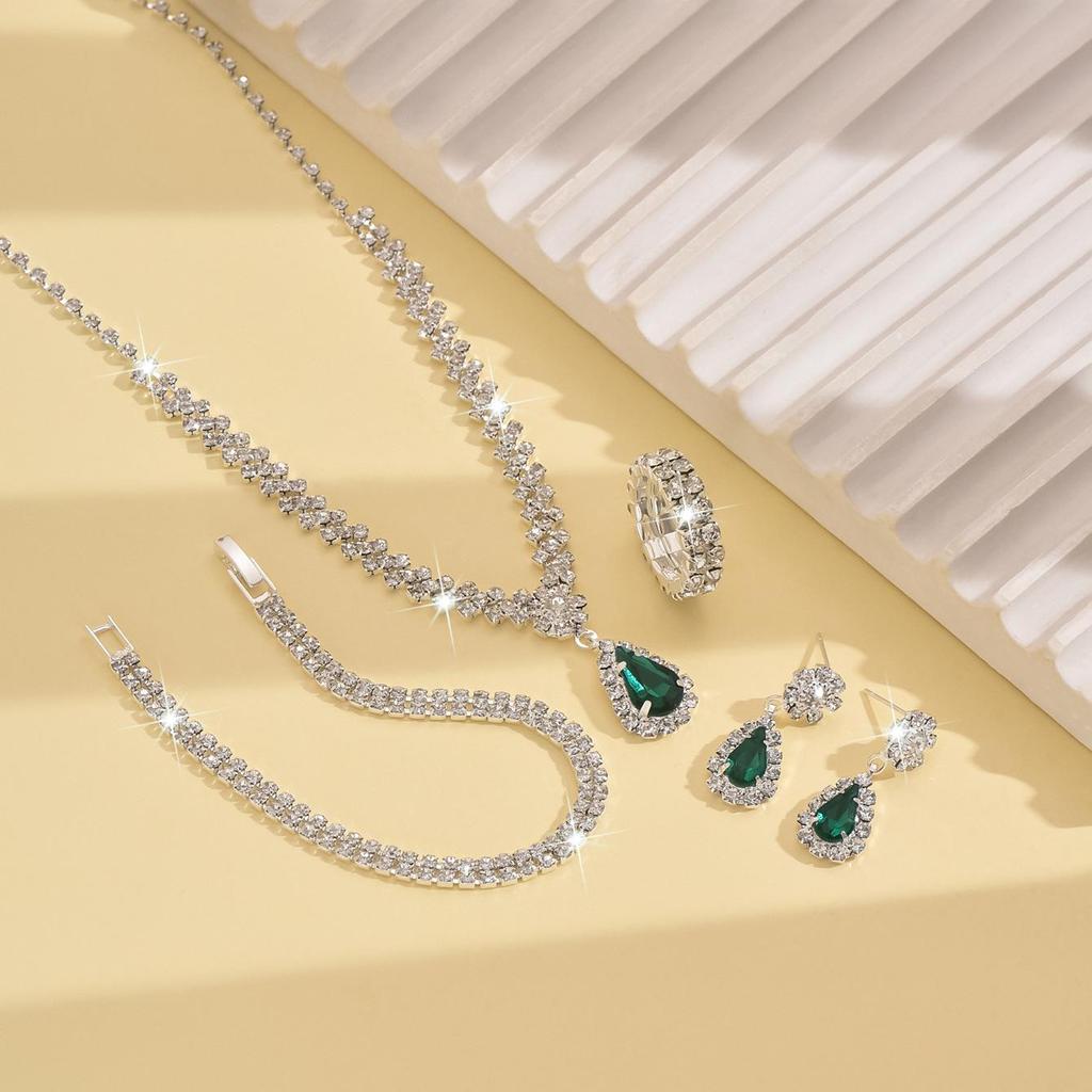 European-American Bridal Jewelry Set: Necklace, Bracelet, Ring, Zircon Earrings - Perfect for Weddings and Evening Dresses