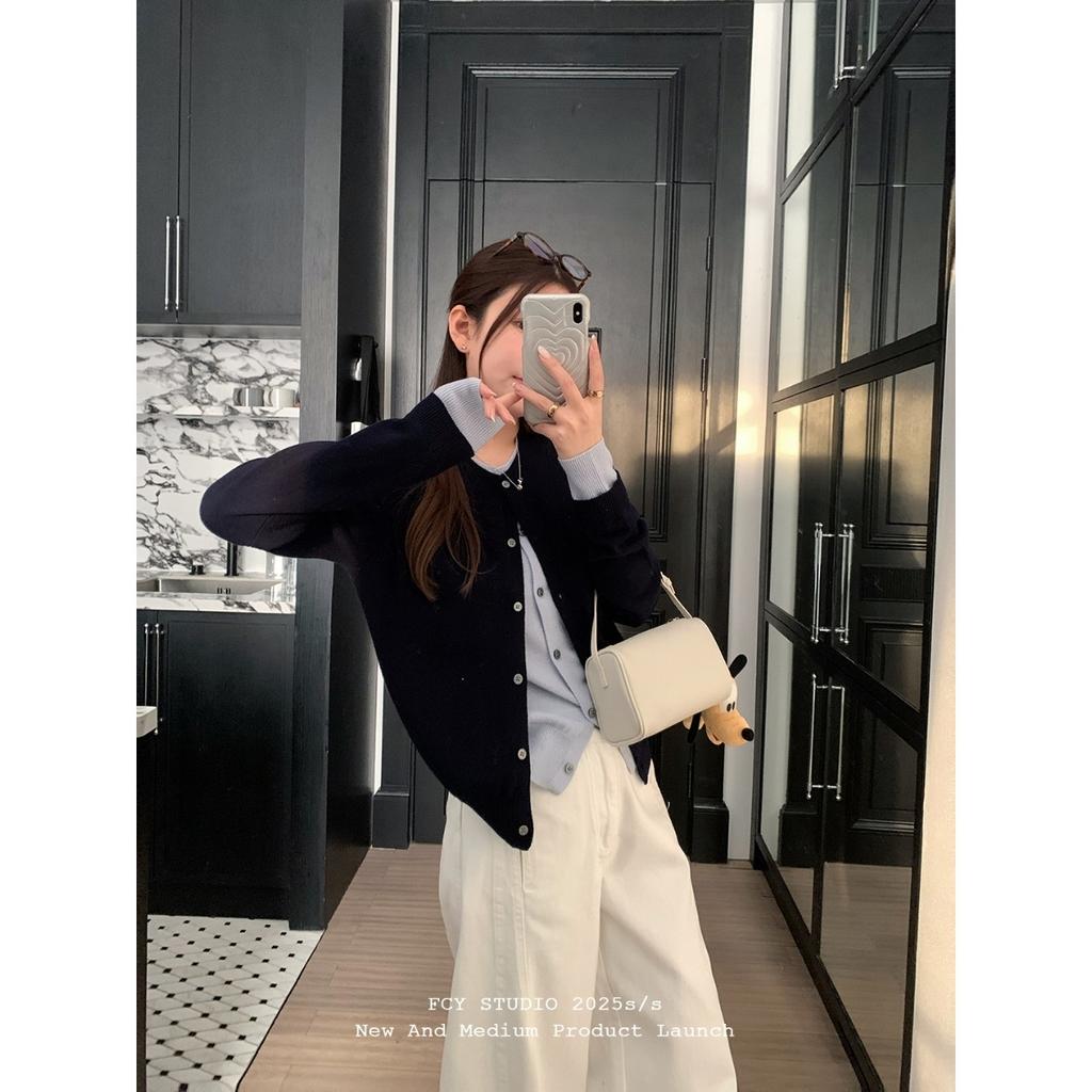Korean Retro White Navy Blue Fake Two-piece Long-sleeved Knitted Cardigan Women's Early Autumn Versatile Fashion Sweater Jacket