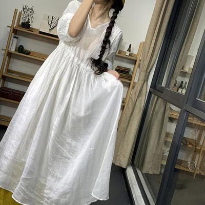 High-End V-Neck Three-Quarter Sleeve Mid-Length Loose Flared Dress for Women