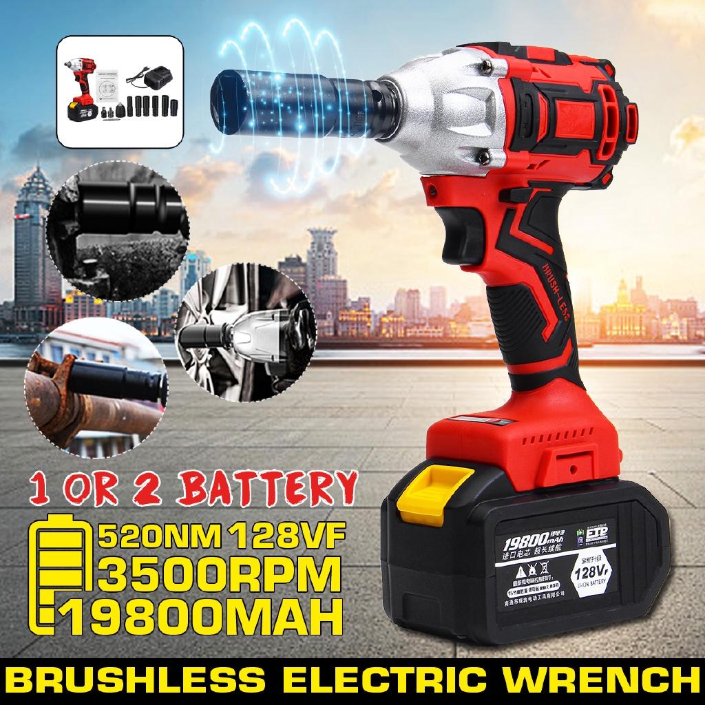 128Vf 520Nm 3500rpm Brushless Cordless Wrench Electric Socket Impact Wrench 19800mah Lithium-lon Battery Power Tools Kit