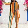 Women Plus Size Round Neck Long Sleeve Striped Printed Layered Top Long Pants Two Piece Set