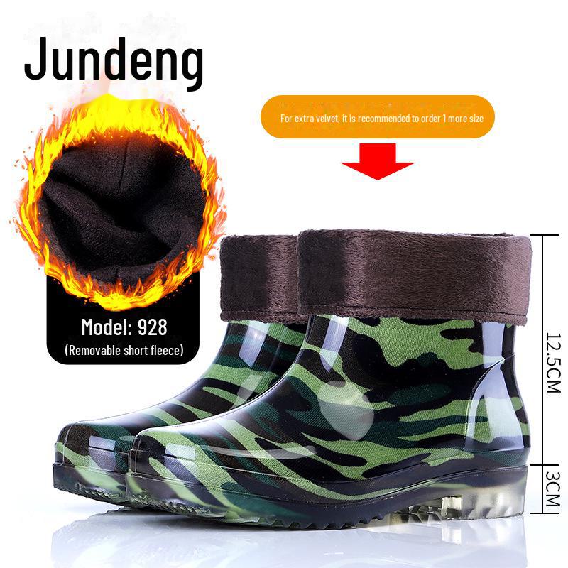 Men's Camouflage Waterproof Rain Boots with Velvet Lining - High/Mid/Short-Top Rubber Shoes for Construction, Kitchen, and Fishing