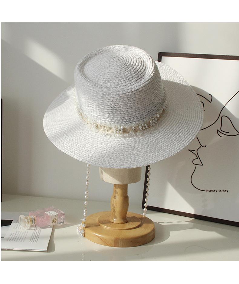 202503-shi chique ins zomer zoete parel lint ketting papier gras Groot-Brittannië elegantie dame fedora hoed dames vrije tijd panama hoed