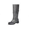 2025 Autumn and Winter Long Legs~! Round Head Thick Heel Thin Knight Boots Belt Buckle Fried Street Wide Tube Boots Women