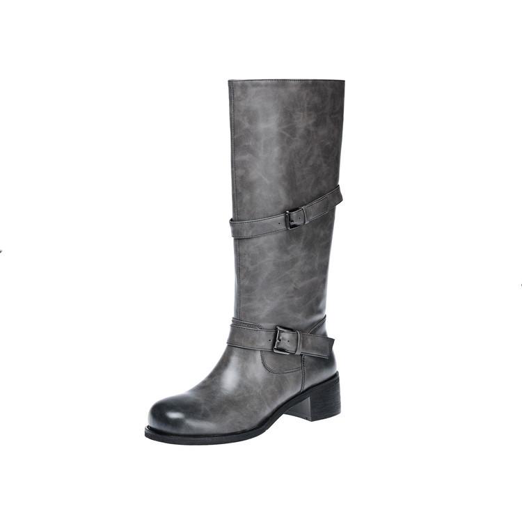 2025 Autumn and Winter Long Legs~! Round Head Thick Heel Thin Knight Boots Belt Buckle Fried Street Wide Tube Boots Women
