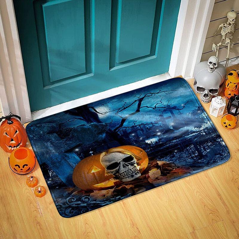 Halloween Themed Door Mat with Pumpkin Skull Reaper Pattern Non Slip Absorbent Outdoor Indoor Welcome Mat for Home Decor