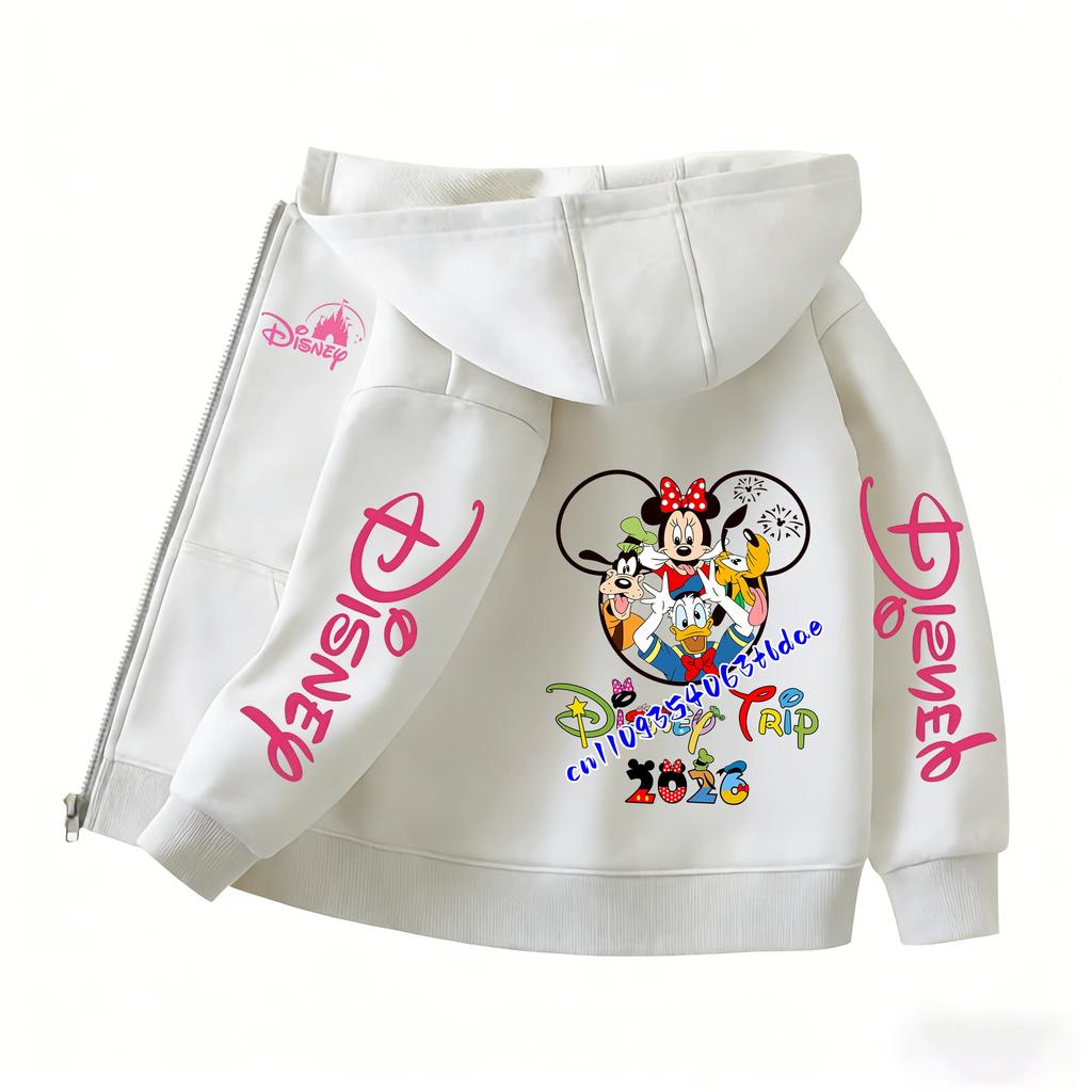 2026 Family Trip Kids Zip Up Hoodie Cute Cartoon Mouse & Friends Graphic Casual Hooded Jacket
