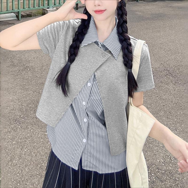 ZANZEA Women Stripe Splice Turn Down Collar Short Sleeve Blouse M серый