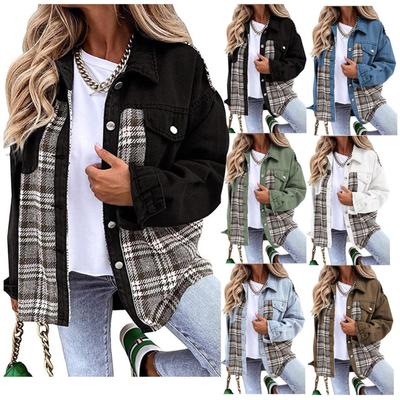 11 Renk Kadın Ceket Denim Ceket Uzun Kollu Ekose Düğme Aşağı Gömlek Ceket Üst
