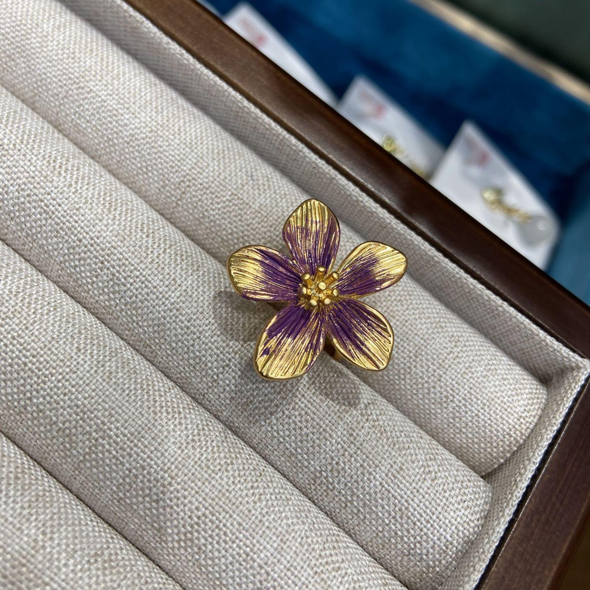 

Медное позолоченное простое кольцо-цветок с эмалью, капающей масляной эмалью, фиолетовое кольцо с цветком, милое украшение