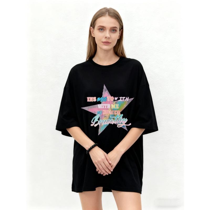 Oversized T-Shirt Black Star Graphic Print With Text No Question Casual Streetwear Fashion Top For Women Summer Outfit