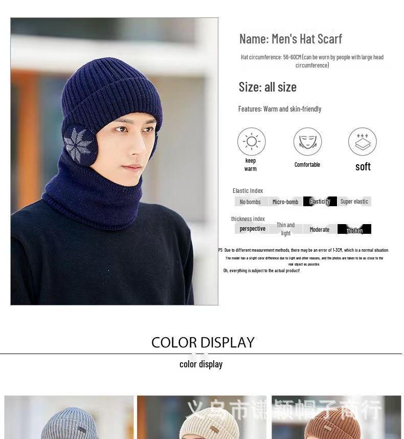 Men's Winter Knitted Wool Hat with Ear Protection, Plus Velvet, Windproof, Warm, Versatile Pullover with Large Brim.
