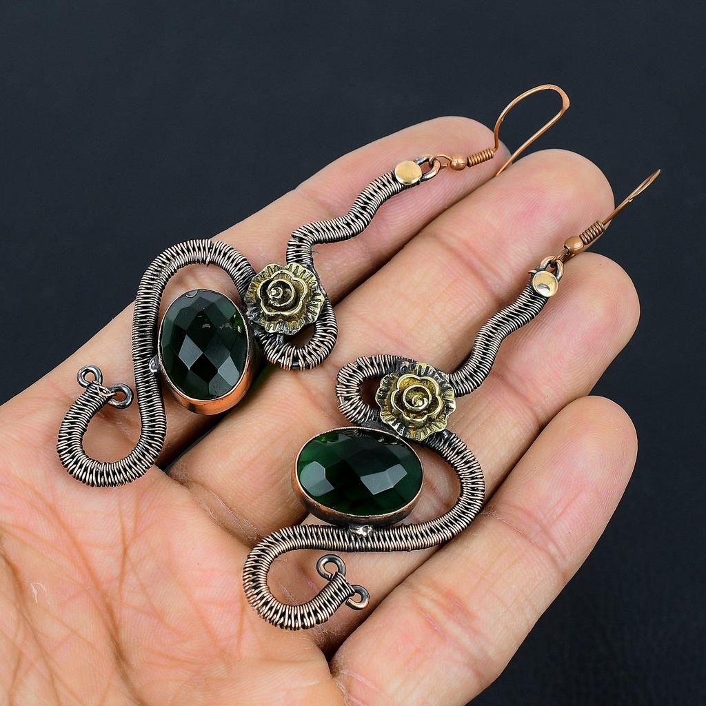 Faceted Chrome Diopside Earrings, 999 Copper Wire Wrapped Gemstone Jewelry, Handmade Earrings, For Thanksgiving