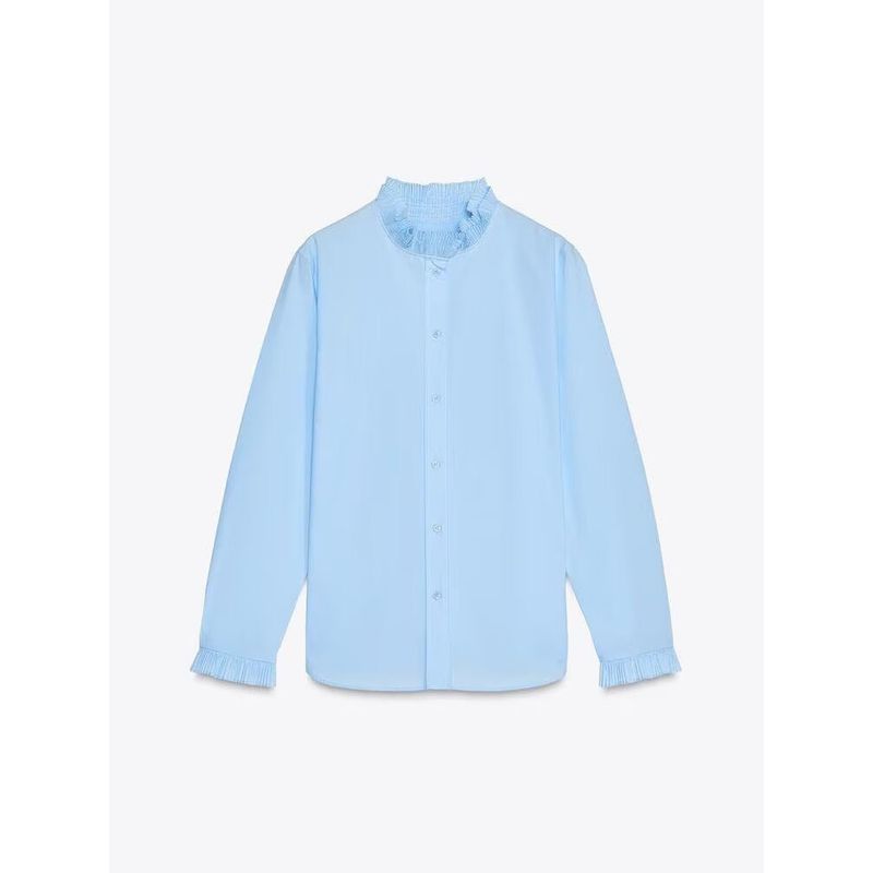 Za2025 Spring New Women's Clothing Minimalist Easiest for Match Pure Color Long Sleeves Casual Spinning Laminated Decoration Shirt 4786060