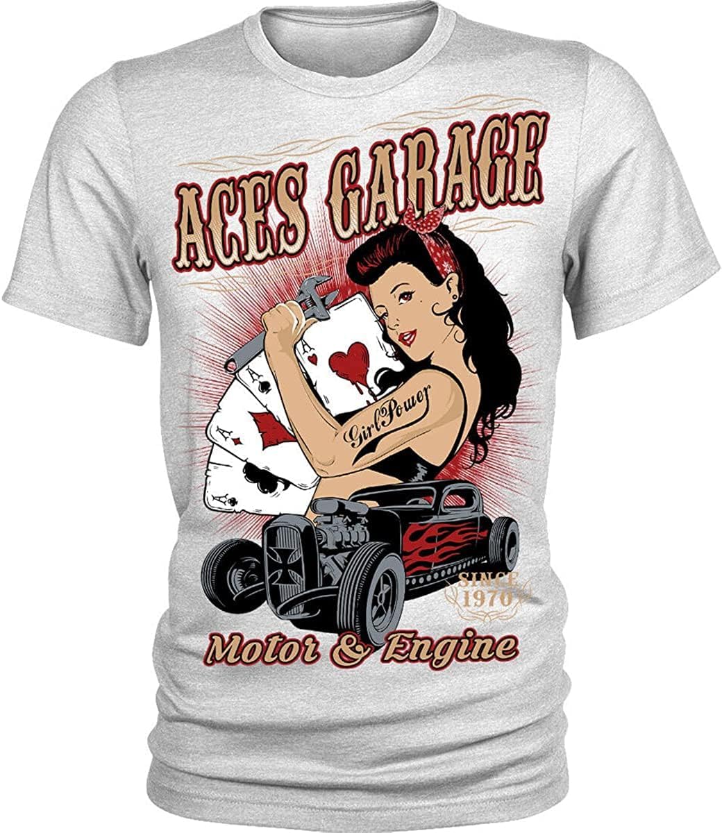 Aces Garage Rockabilly Pinup Hotrod American USA T-Shirt Mens Tee Grey XXL серый