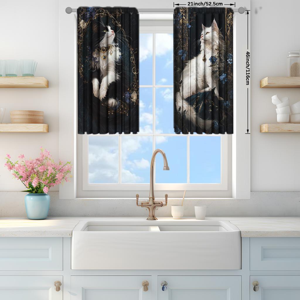 Black White Cat Print Curtains Polyester Stylish Bedroom Office Kitchen Living Room Study Decor Set Of 2 Made With Rod Pocket Great