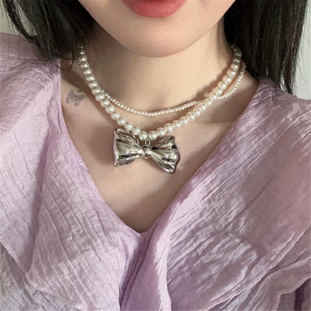 Tooxika French Retro Romantic Light Luxury Double Pearl Bow Necklace Niche Choker Collarbone Chain