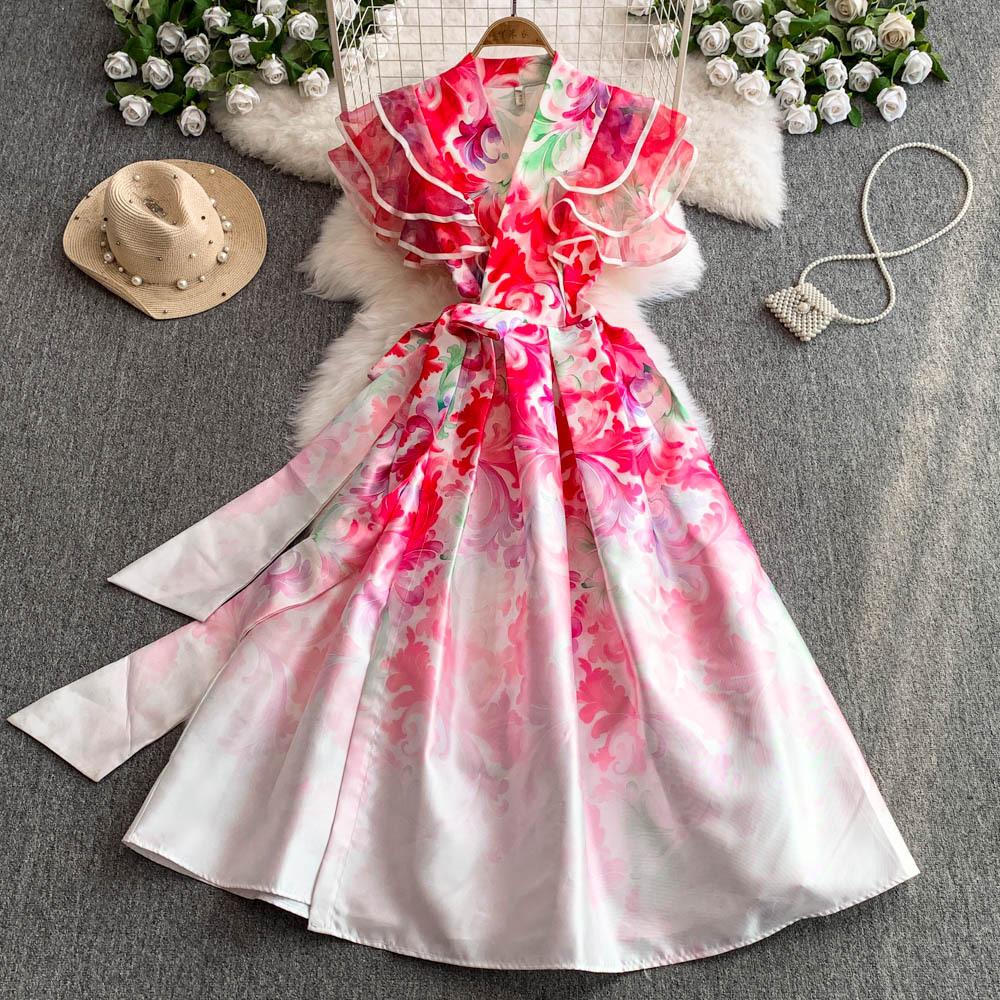 Rochii Lungi Elegante cu Imprimeu Floral Femei Vară Vacanță Mânecă cu Volane Dintr-o Bucată Petrecere Vintage Retro Rochii de Seară