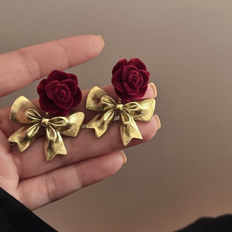 Серебряная Игла Анкара Красный Бархат Бант Жемчужные Серьги Нишевые Ретро Пусеты Осенние и Зимние Премиум Серьги