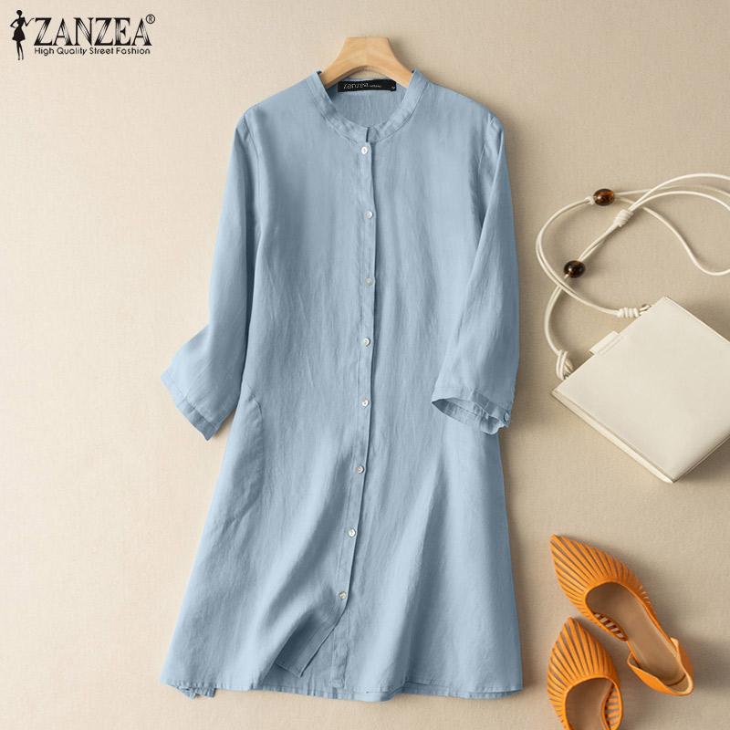 

ZANZEA Женское повседневное хлопковое платье-рубашка с воротником-стойкой и рукавами 3/4