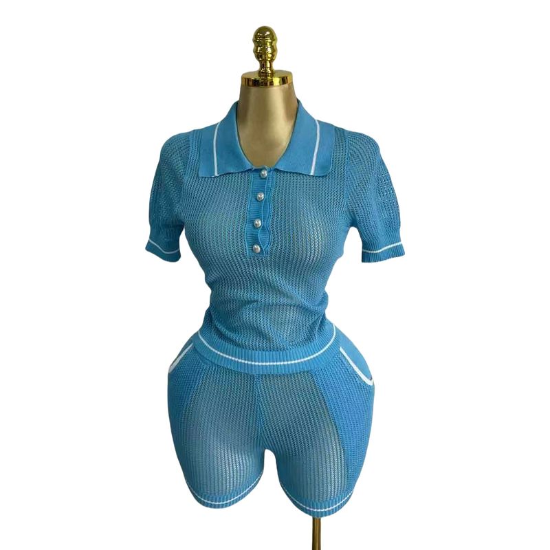 

Мода в западном стиле Повседневный Свободный Трикотажный Топ с лацканами и короткими рукавами Комплект шорт Комплект из топа и шорт Sky Blue All yards