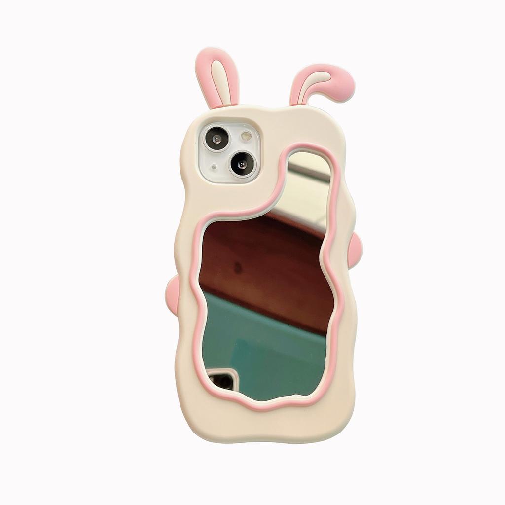 Cute Pink Rabbit Ear Makeup Mirror Suitable for iPhone 15 16 Promax for Apple 13/12/11 Phone Case XR Silicone