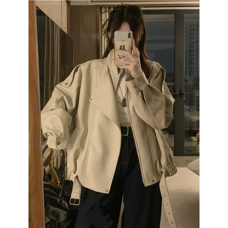 Kumikumi American vintage PU Leather Long sleeve Outerwear Women clothes Autumn Loose Slimming Versatile Stand Collar Jacket Top