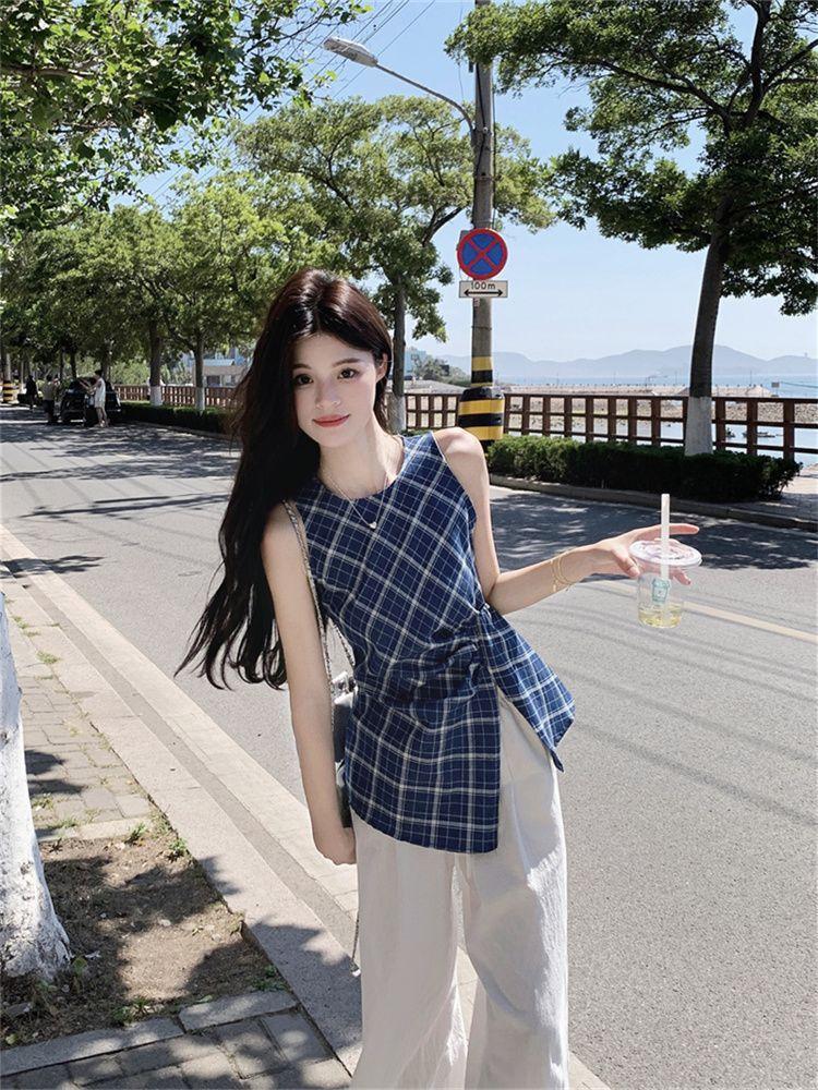 

Woman Sleeveless Waist Cinched Tops Unique Round Neck Casual Checkered Shirts French Elegant Slimming Trend Lady Clothing XL синий