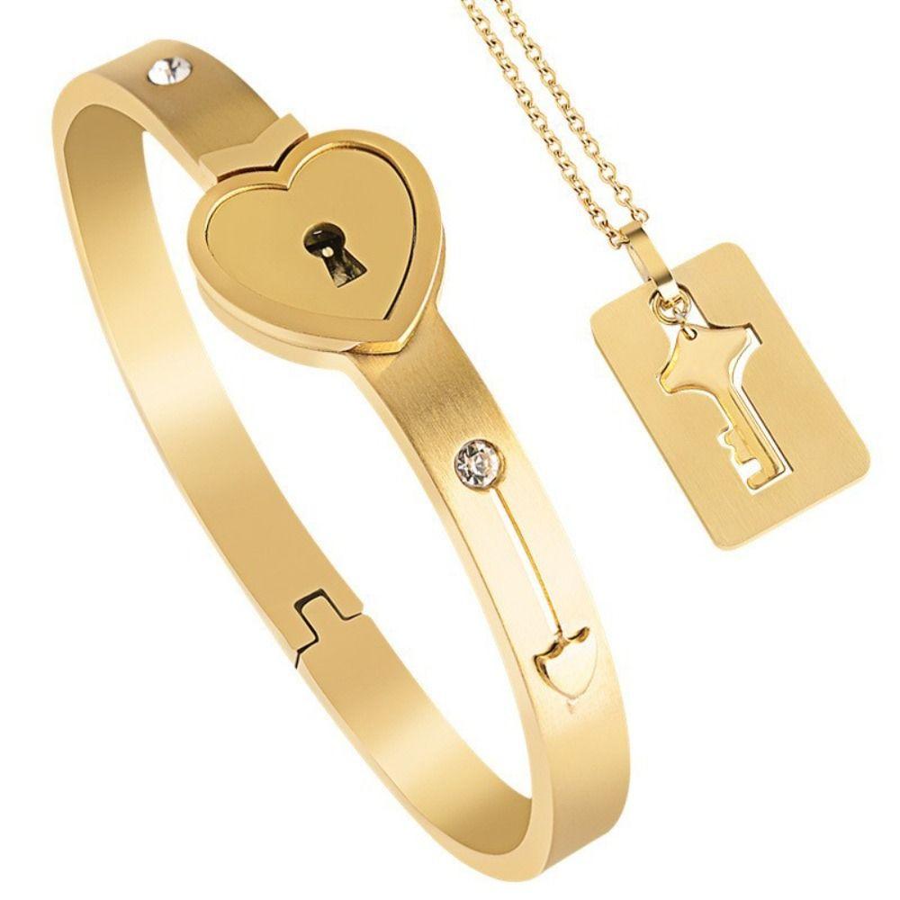 Stainless Steel Heart Lock Bracelets Gold Silver Key Pendant Necklace  Jewelry Gift
