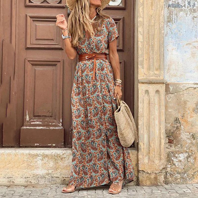Floral Printed Belt V-neck Short Sleeve Women Long Dress Side Split Summer Lady Holiday Robe