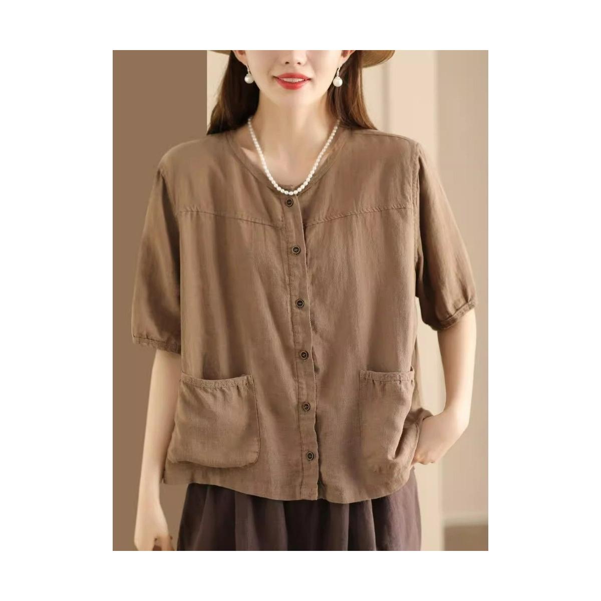 

Summer Retro Literary Cardigan Cotton and Linen Shirt Pocket Design Women s Casual Single-breasted Short-sleeved Temperament M хакі
