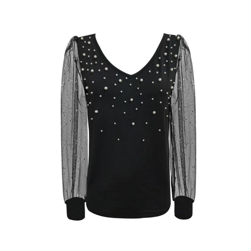 Ladies Spring and Summer New V-neck Beaded Mesh Long-sleeved Loose Elegant Fashionable Top