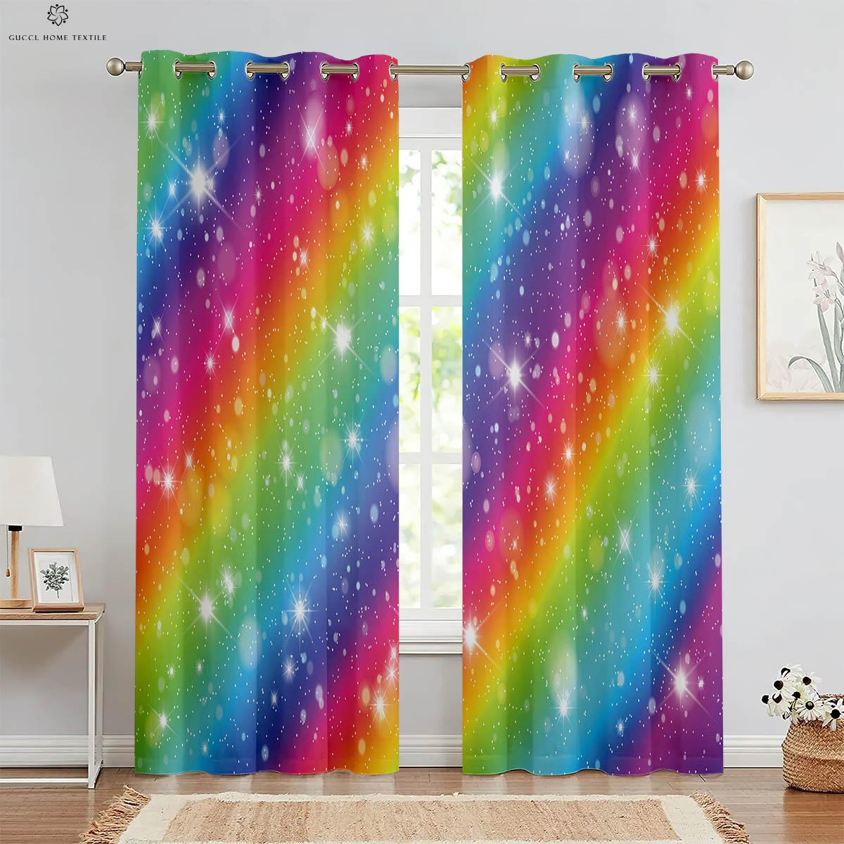 

Shiny Colorful Gradient Printed Drapes, 100% Polyester Fiber, Children s Room, Living Room, Study, Decorative, Rainbow Q18046QQ-W50xH130(CM)x2PCS&Grommet Top