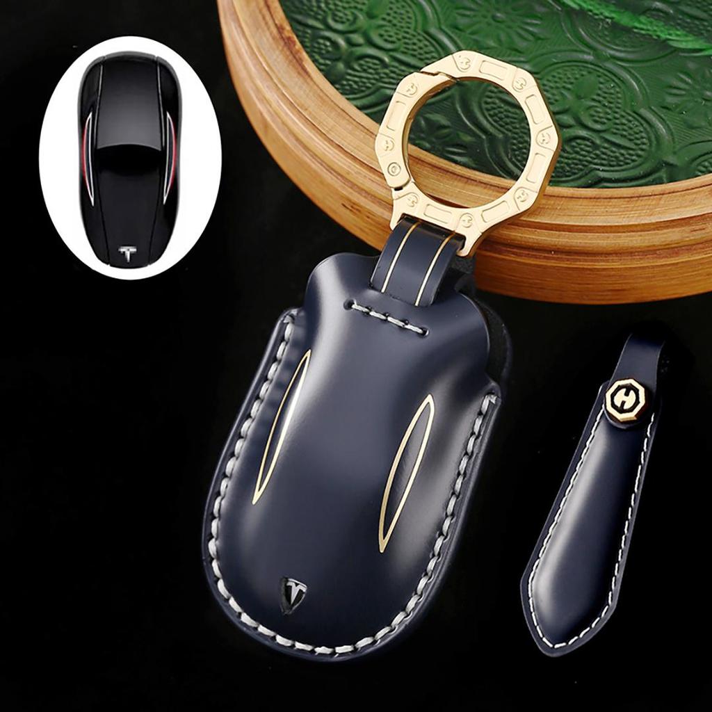 Suitable for Tesla Model Y/3/X Handmade Cowhide High-End Car Key Cover Keychain Car Key Case
