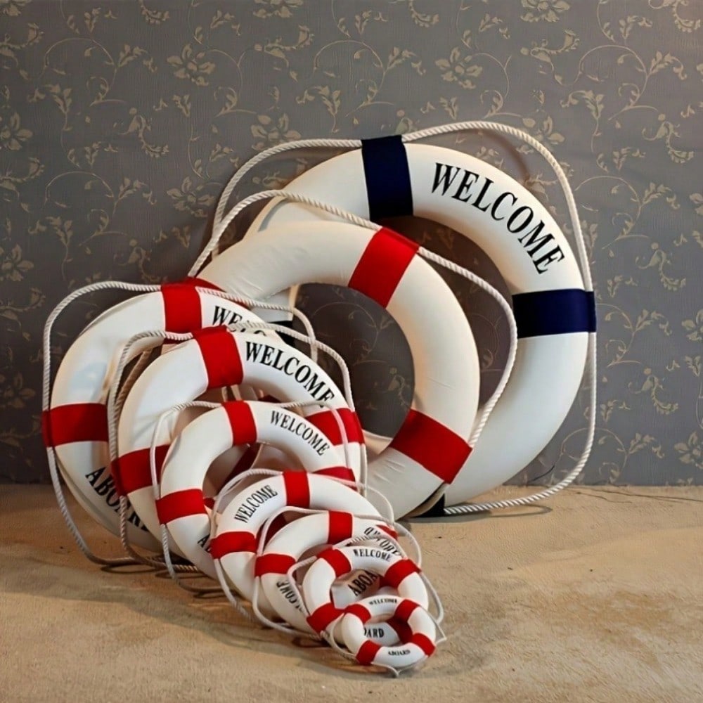 2pcs Nautical Welcome Home Decor - 9.84" White & Blue Life Buoy Wall Hangings with Rope Handles - Mediterranean Style