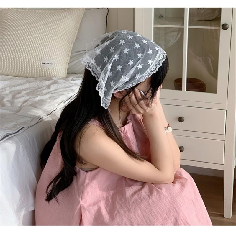 Lace Flower Triangular Hair Bandanas Breathable Head Scarf Spring Vacation Headwrap for Women and Girl Everyday Wear