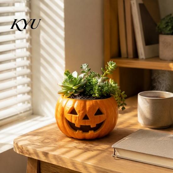 Decorative Pumpkin Container for Porch Patio Halloween Planter, Resin Jack-O-Lantern Flower Pot, Festive Ornament Entryway Plant Pot Succulents