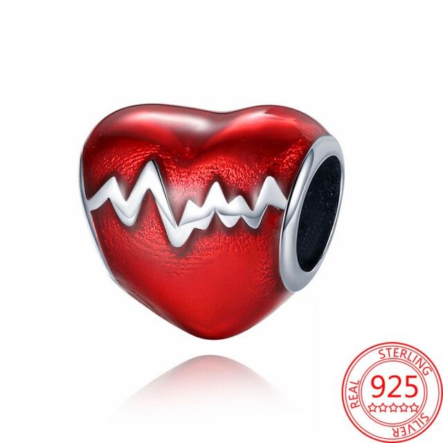 Clasic 925 argint sterling smalț roșu Love Heartbeat & Apple Charm cu margele Se potrivește 3 mm Brățară de modă DIY Bijuterii Fabricare pandantiv