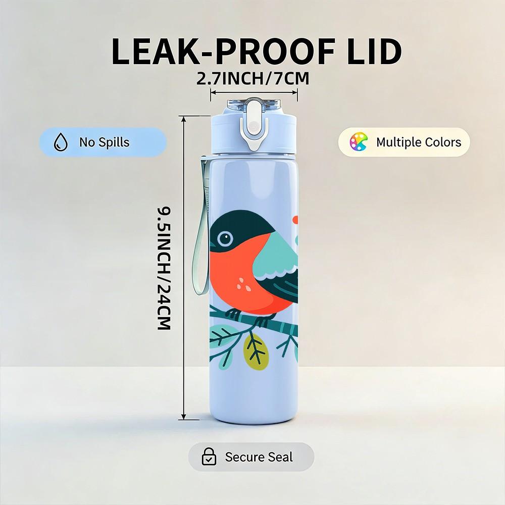 1PC Floral Red Bird Art 750ml Color Plastic Sports Water Bottle Leakproof Flip Straw Lid Suitable for Sports Office Home Use