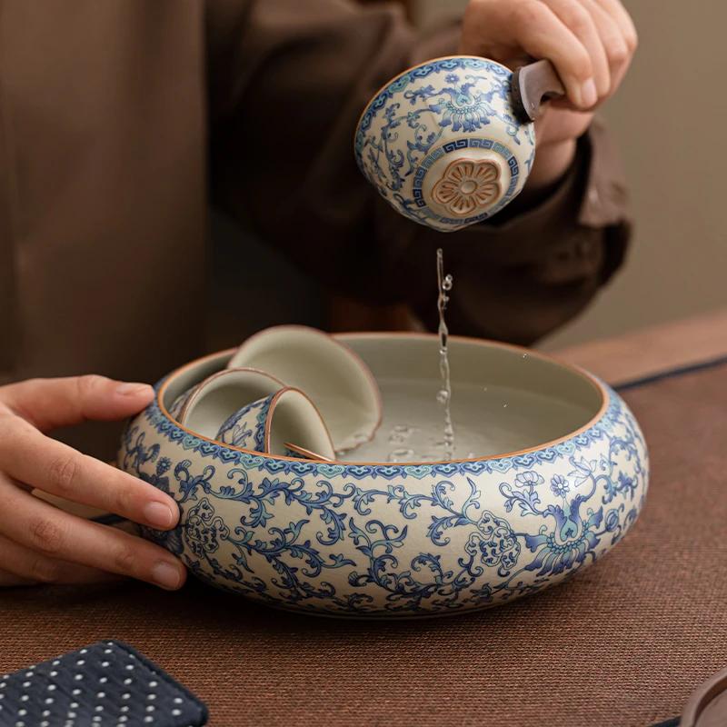 Chinese Blue and Flower Ru Kiln Ceramics Tea Making Tools Solid Wood Tea Ceremony Six Gentlemen Set Tea Clip Teaware Accessories