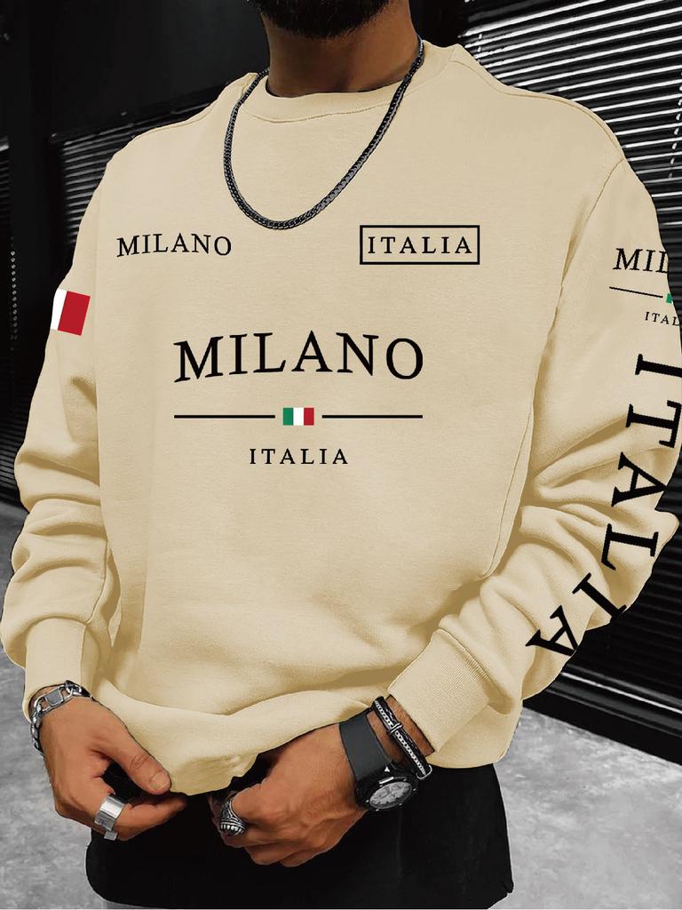 Round Neck Sweatshirt Black Italian Flag Print and Text Casual Sports