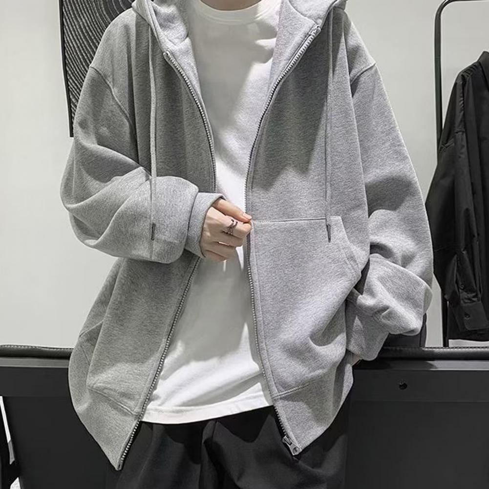 Men Fall Winter Hoodie Drawstring Loose Zip-up Long Sleeves Pockets Hooded Plus Size Cardigan Thin Pure Color Daily Wear Casual