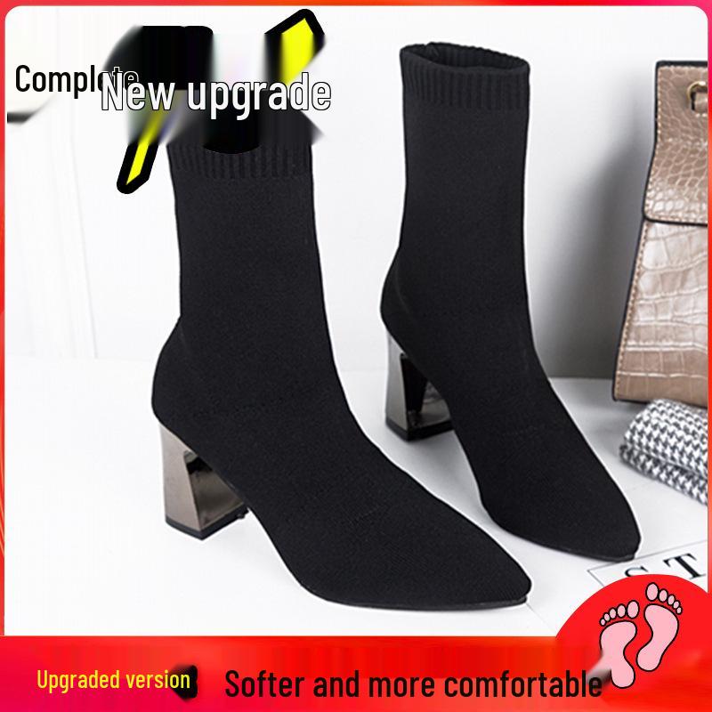 Damen Flyknit Elastische Socken Stiefeletten, Spitze Zehenpartie, Blockabsatz, Schlankmachendes Design, Europäischer/Amerikanischer Stil - 2025 Frühjahr/Herbst Kollektion
