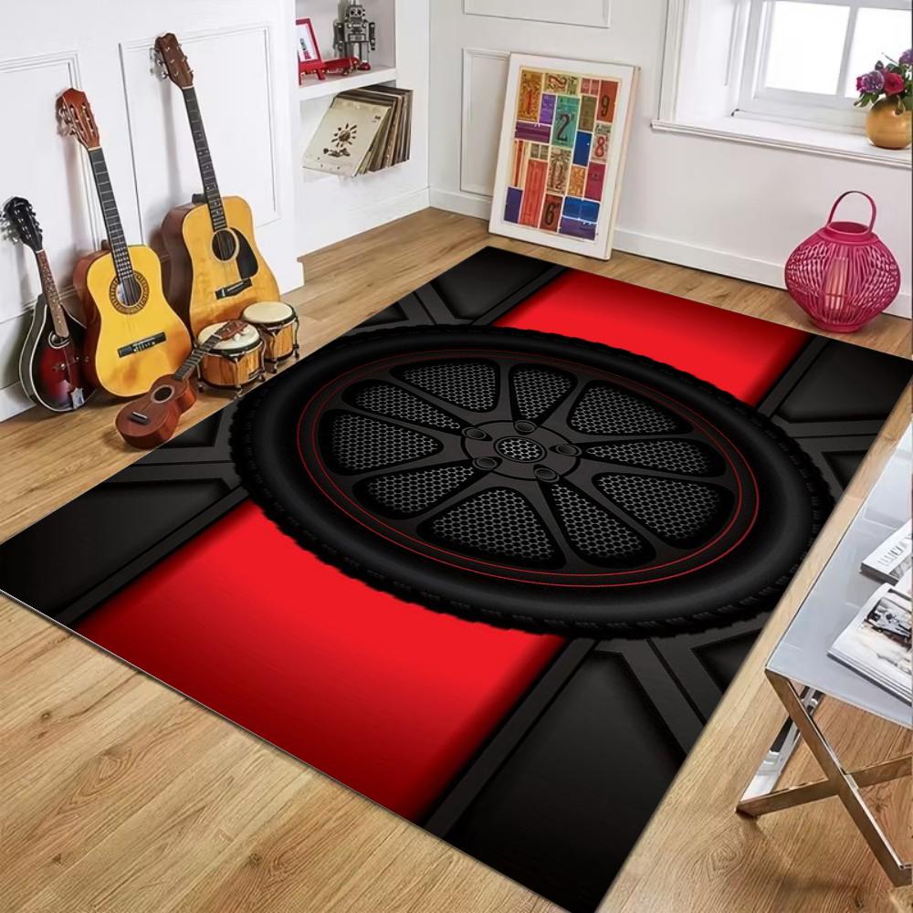 Tech Style 3D Mechanical Geometric Pattern Carpet  Black Red Cool Visual Effect Floor Mat for Living Room Game Room Home Decor