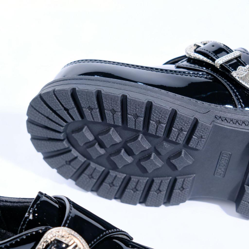 African Black Children's Glossy School Shoes with Gold Buckle, Patent Leather, 2026 Edition