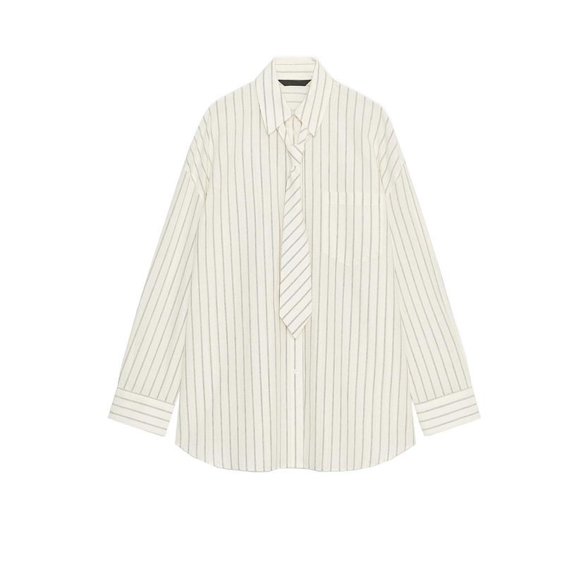 

Autumn New Women clothes Slimming Preppy Top Long sleeve Cotton Tie Loose Shirts 4764113 White L