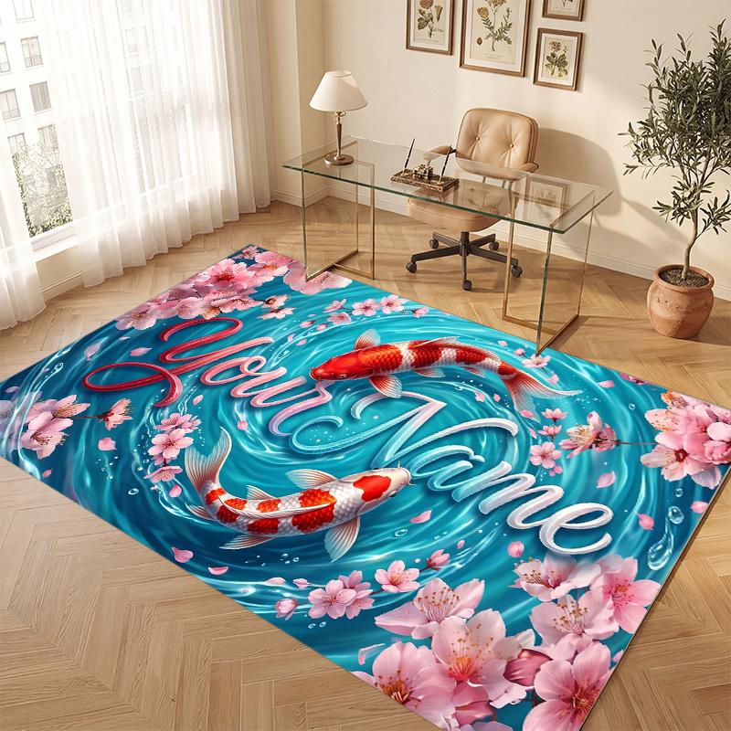 Koi Fish Theme Soft Crystal Velvet Rug Custom Name & Text Print Non Slip Floor Rug for Bedroom Living Room