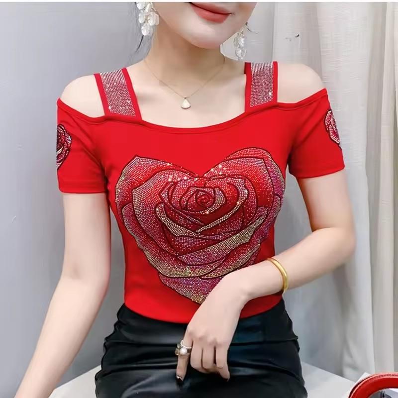 TrendHub Sexy Off Shoulder T Shirt for Women Luxury Flower Diamonds Short Sleeve Tee Summer Fashion Womens Mesh Tee Shirts Top