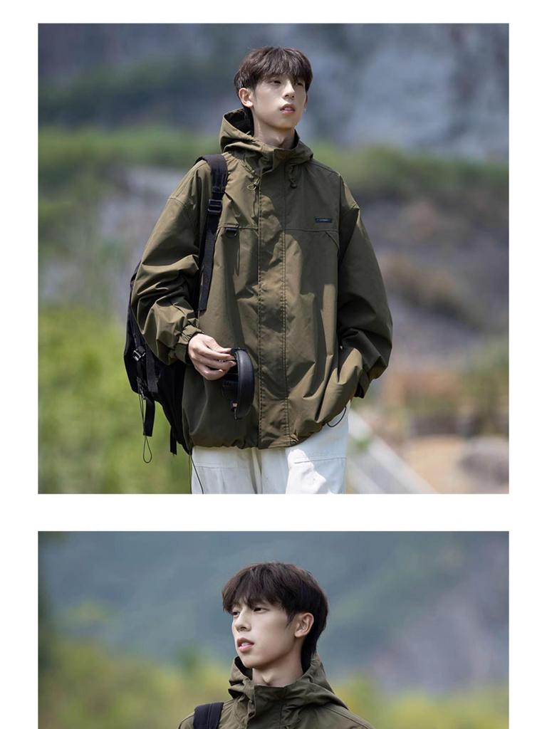 Men's Black Hooded Windproof Jacket: Spring/Autumn Japanese Trendy Loose Fit Mountaineering Workwear
