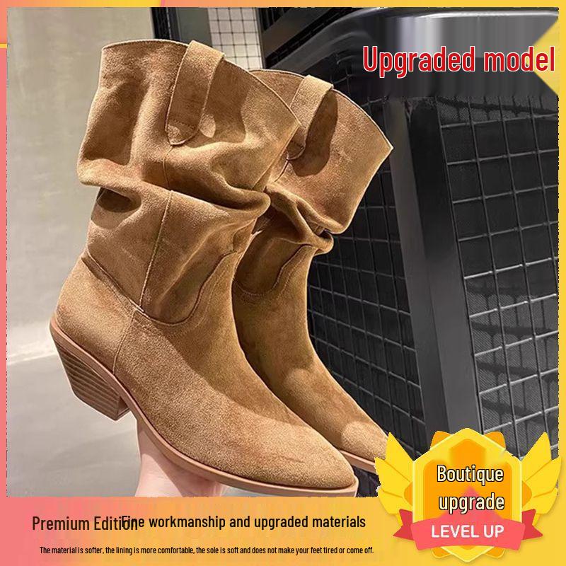 2025 Autumn/Winter Men's Suede Chunky Heel Pointed Toe Boots - Mid-Heel Ankle, Mid-Calf, High-Heel Slouch, Western Cowboy Styles